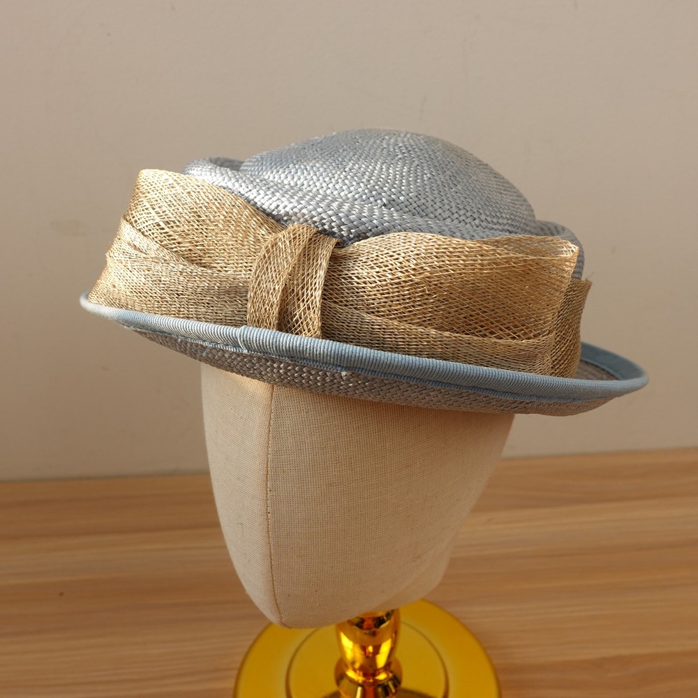 Vintage Bloomingdales Church Hat Blue Straw Italian Bow Kentucky Derby